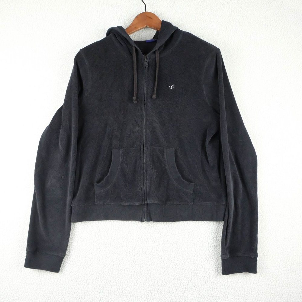 BUM Equipment Hoodie Womens Large 12 14 Black Velour Sporty Hooded 90s
